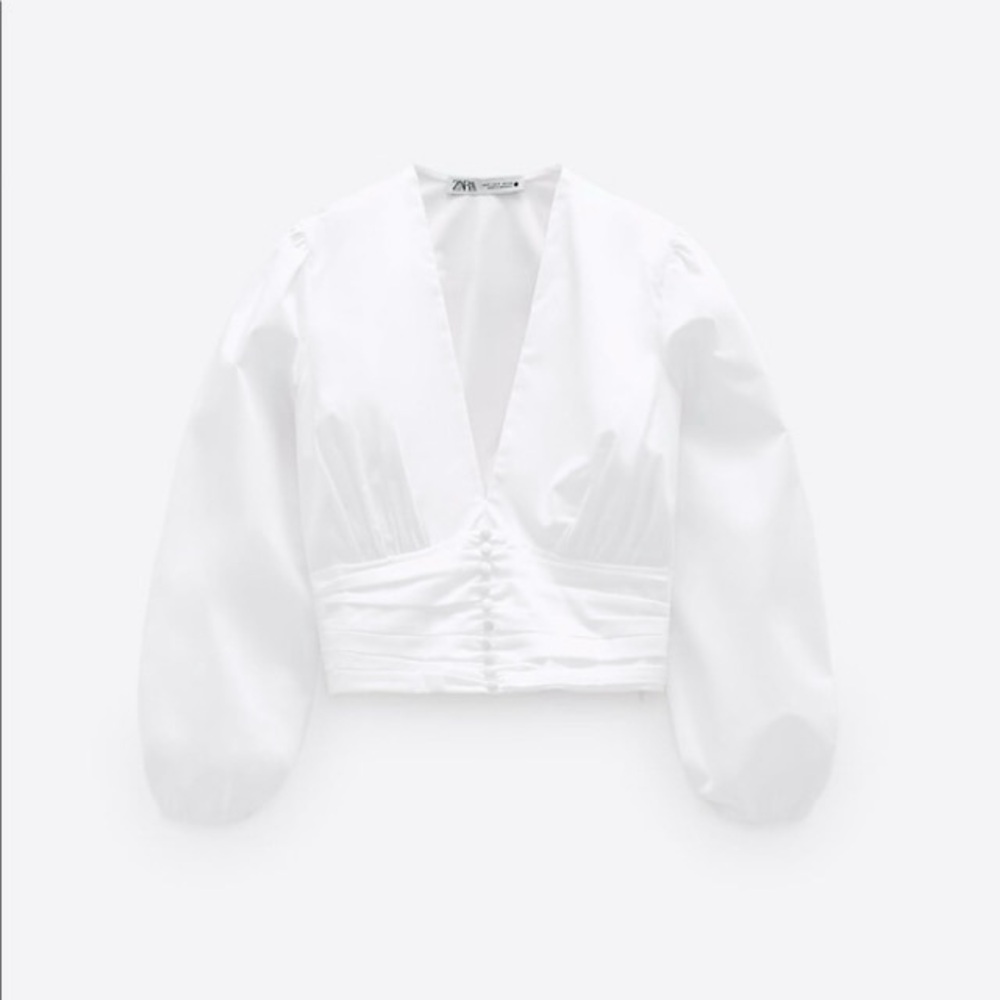 Zara White Button-Front Deep V Blouse - Picture 3 of 6